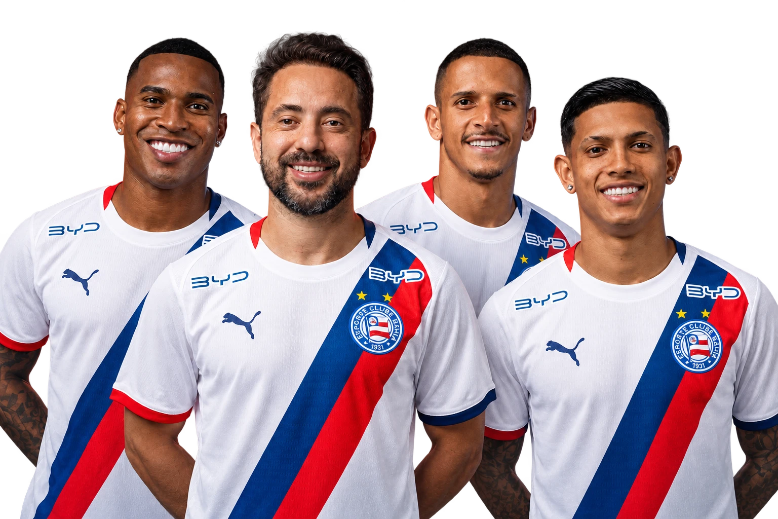 Everton Ribeiro, Jean Lucas, Luciano Juba e Erick Pulga com a camisa do Bahia